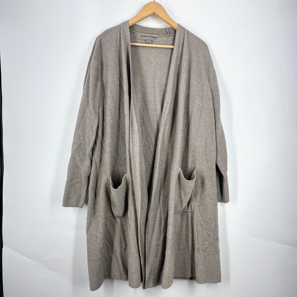 Barefoot Dreams CozyChic Lite Long Cardigan Taupe Open Front Pockets Womens 1X‎